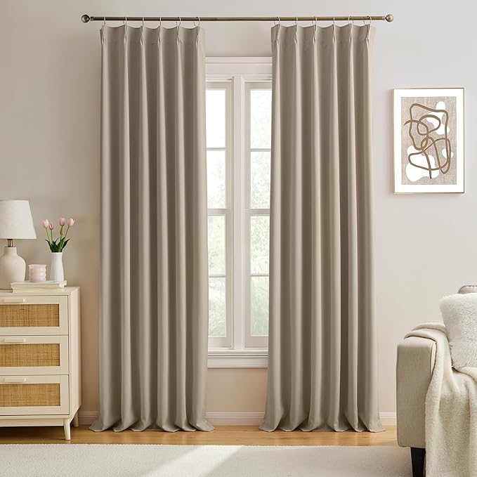 KEQIAOSUOCAI Pinch Pleated Curtains 120 Inch Long,Memory Trained Pleated Viral Window Drapes with Hooks 10 FT Tall Curtains for Living Room Bedroom (Khaki Taupe,40W x 120L x 2 Panels)