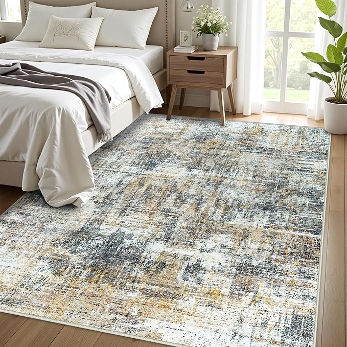 Area Rug Living Room Rugs: 5x7 Abstract Washable Rugs Ultra Soft Carpets with Non-Slip Backing Stain Resistant Carpet for Dining Room Table Bedroom Nursery Indoor Home Office Brown/Gray