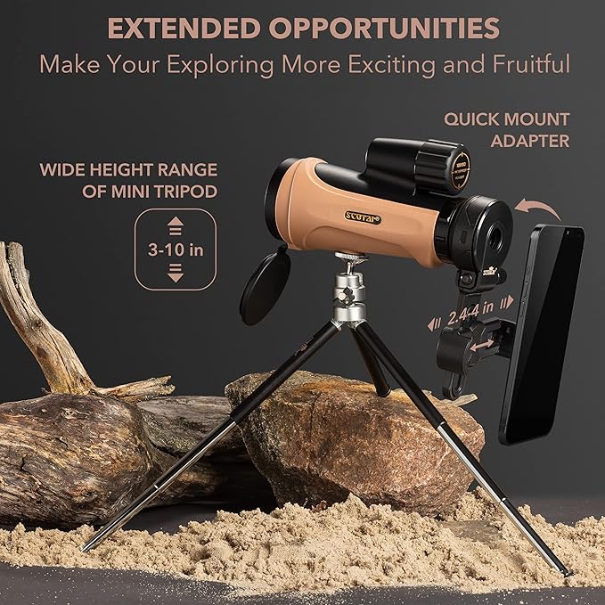 12x50 Monocular Telescope - FMC Fogproof, IP67 Waterproof Hand Held Telescope - BAK4 Phase and Dielectric Coated Prism - Adventure Accessories Set: Bag, Smartphone Adapter, Mini Tripod