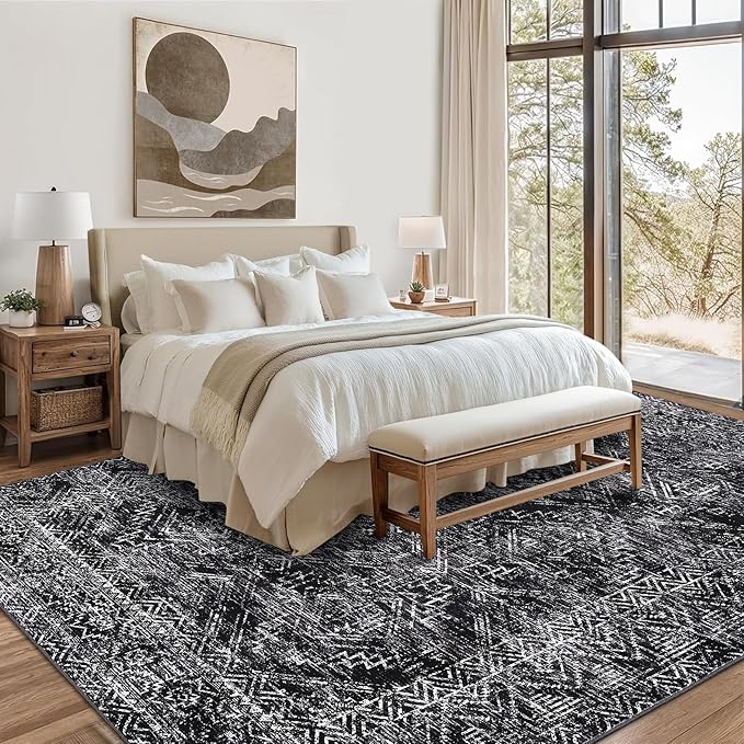 COZYLOOM Area Rug 6x9 Washable Rug for Bedroom Office Dining Room Living Room Vintage Non Slip Large Area Rug Geometric Soft Throw Low Pile Stain Resistant Carpet, Black