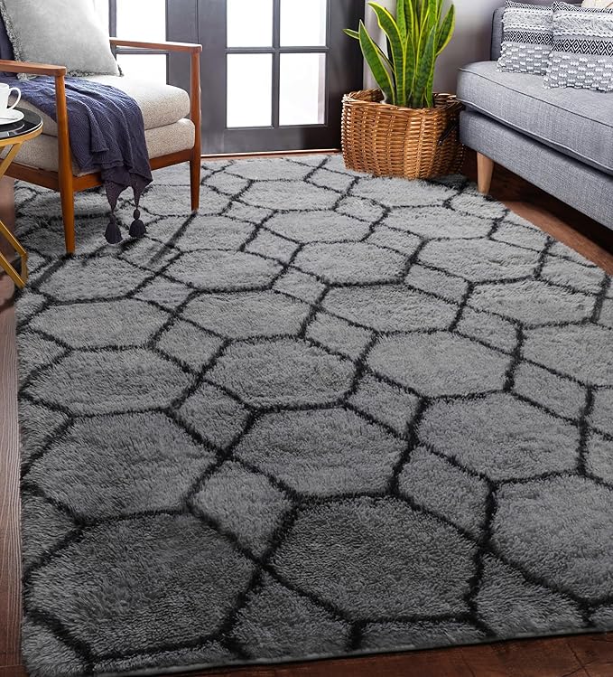 ONASAR Area Rugs for Bedroom Living Room, Washable 4x6 Fluffy Grey and Black Rug, Shaggy Geometric Floor Mat for Home Decor Aesthetic, Soft Plush Fuzzy Carpet for Nursery Kids Teen Dorm