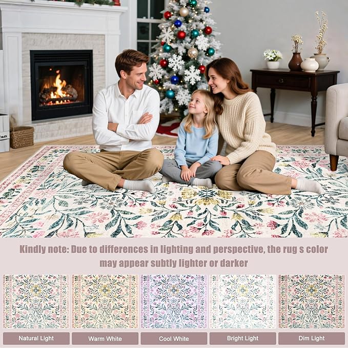 Area Rugs 9x12 Living Room: Floral Washable Rug Vintage Large Soft Boho Non-Slip Carpet Indoor Stain Resistant Low Pile Carpets for Bedroom Dining Room Farmhouse Nursery Hallway Home Office Pink Green
