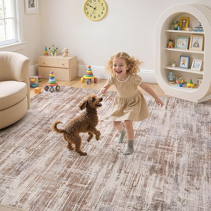 Area Rug for Living Room: 7x9 Washable Neutral Abstract Modern Soft Rugs Non Slip Indoor Floor Stain Resistant Large Carpet for Bedroom Dining Room Office Nursery - Red Brown