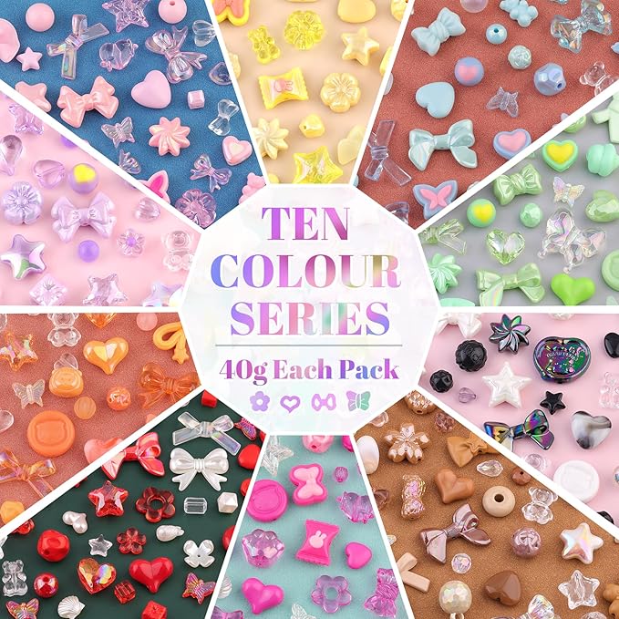 Assorted 500PCS 10 Colors Mixed Acrylic Beads for Bracelet Making, Flower Bow Butterfly GummyBear Aesthetic Bracelet Charms,Cute Beads for Jewelry Making DIY Necklace Keychain Phone Charm