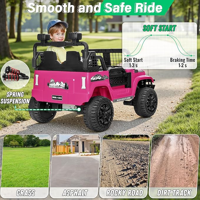 2 Seater Ride On Car Truck with Remote Control XL, Kids 24V Battery Powered Electric Vihicle w/21 in Seat, 3 Speeds, 2WD/4WD Switichable, Shock Absorbers,Bluetooth, Flower, Gift Choice