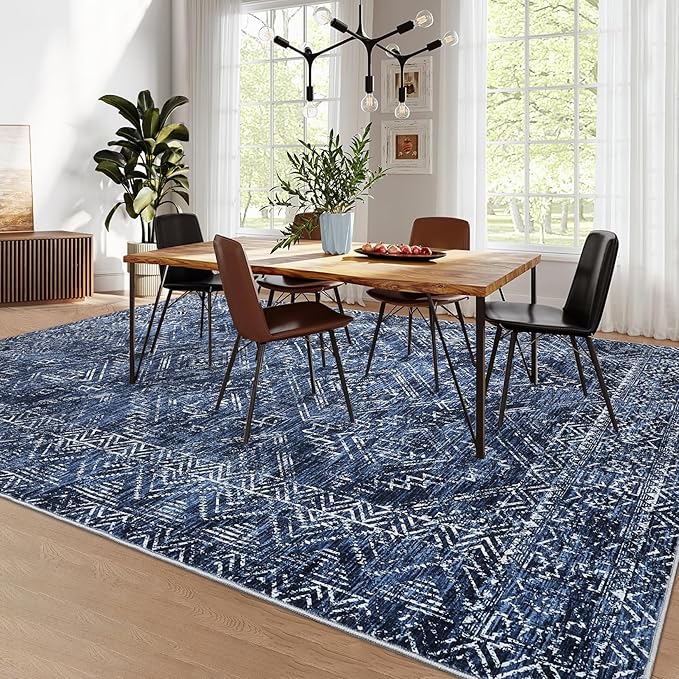 COZYLOOM 4x6 Area Rug for Living Room Bedroom Playroom Nursery Vintage Non Slip Low Pile Rug Soft Throw Floor Cover Geometric Tribal Foldable Indoor Carpet, Blue