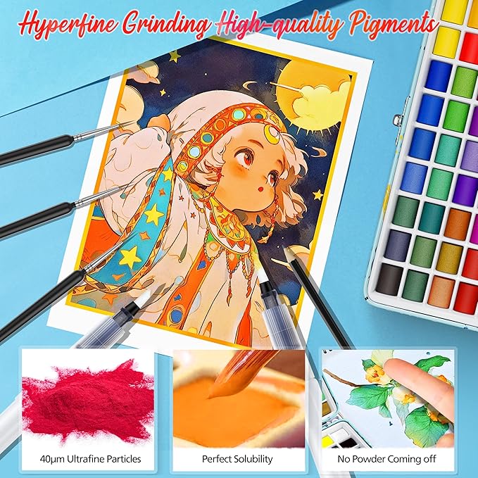168 Colors Watercolor Paint Set with 4 Brushes, Portable Travel Water Color Kit with Carrying Case, Palette and Accessories, Non-Toxic Art Supplies Gift for Artists Adult Teen Kids Girls