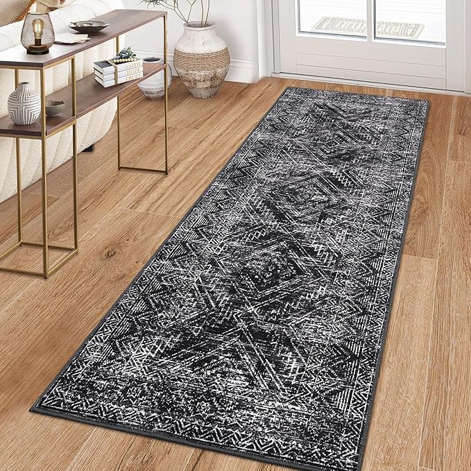COZYLOOM Rug Runners 2x6 Washable Rugs for Bedroom Hallway Dining Room Living Room, Vintage Rug Non Slip Area Rug Geometric Soft Throw Rugs Low Pile Stain Resistant Carpet, Black