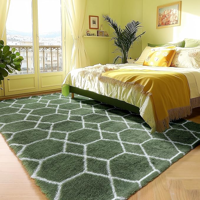 ONASAR 5x7 Area Rugs for Living Room Bedroom, Washable Fluffy Olive Green and White Throw Rug, Geometric Boho Soft Plush Shaggy Floor Carpet for Nursery Kids Girls Boys Teen Dorm Home Decor