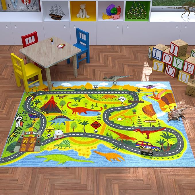 KC Cubs 8x10 Dinosaur Toy Car Dino Road Rug – Educational Play Mat Carpet for Kids, Toddlers, Nursery, Classroom, Playroom, Baby Daycare, Boys & Girls