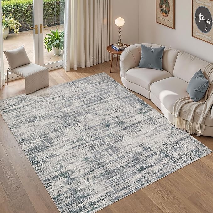 Area Rug for Living Room: 6x9 Washable Neutral Abstract Modern Soft Rugs Non Slip Indoor Floor Stain Resistant Large Carpet for Bedroom Dining Room Office Nursery - Gray