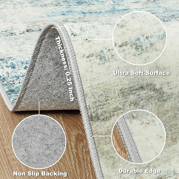 Washable Rug 6x9 Area Rugs, Abstract Large Living Room Rugs with Non-Slip Backing, Thin Carpet for Dorm Dining Room Table Nursery Indoor Home Office -Blue/Gray