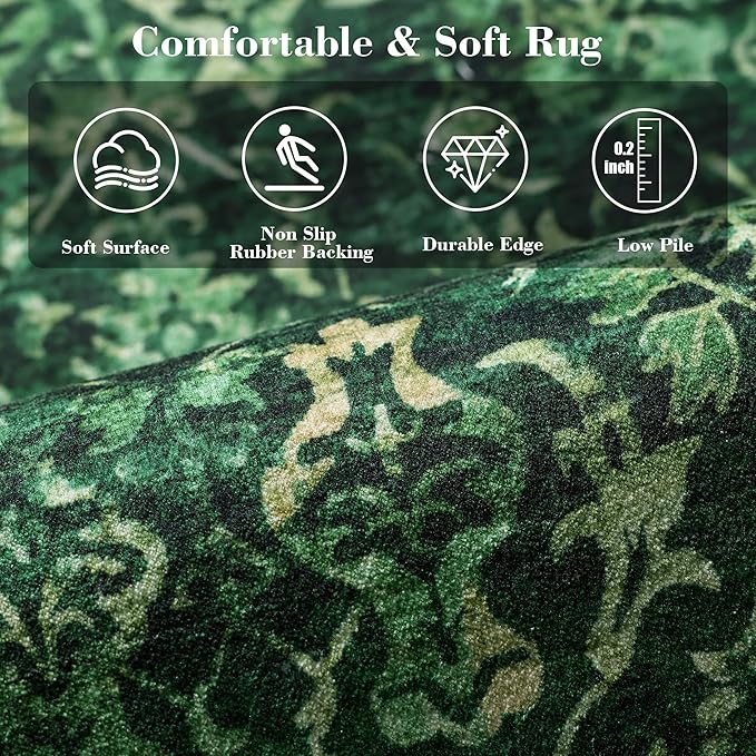 Deerly Dark Green Area Rugs 9x12 for Living Room Soft Non-Slip, Large Bedroom Rug Vintage Dining Room Rug Tribal Farmhouse Carpet for Dining Room Office Green