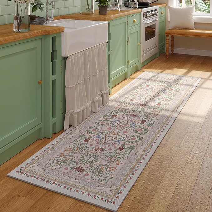 Runner Rug for Kitchen Rug Non Slip 2'6"x8' Washable Rugs with Rubber Backing Soft Vintage Floral Botanical Carpet Runner for Kitchen, Laundry, Bedroom, Bathroom, Beige