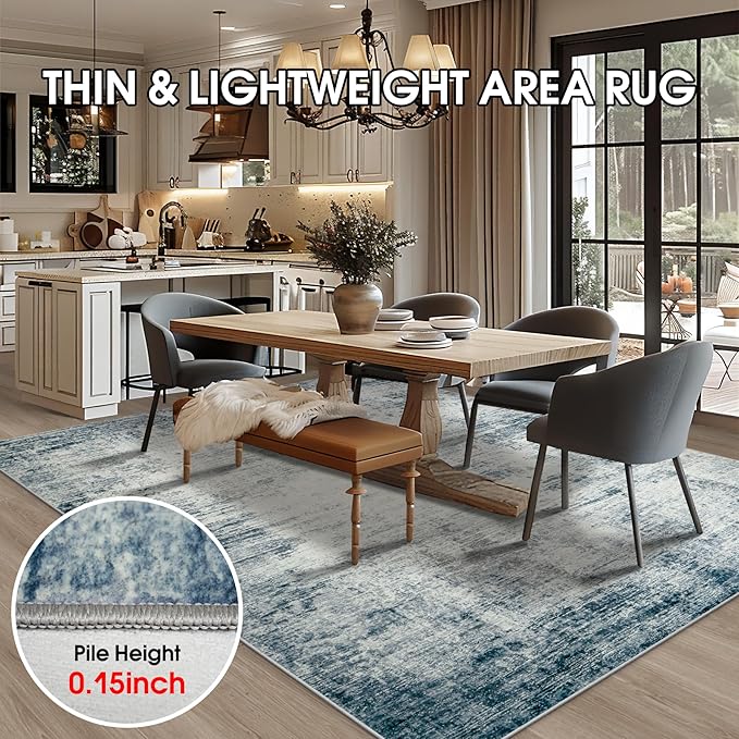5x7 Area Rugs for Living Room Bedroom, Abstract Washable Rugs with Non-Slip Backing, Stain Resistant Indoor Floor Carpet for Dining Room Table Nursery Hallway Home Office-Blue/Ivory