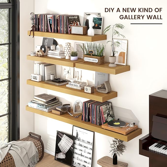 Floating Shelves for Wall, 2 Large Wall Mounted Shelves with Invisible Brackets, Long Wood Floating Wall Shelf Shelves for Living Room, Bedroom, Kitchen, (Oak, 24" W x 9" D x 1.5" H)