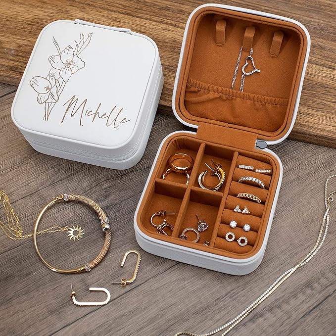Custom Leather Jewelry Box w/Name & Birth Flower Month - Birthday Gifts for Women, Personalized Jewelry Travel Case - Customized Jewelry Organizer Box, Mom Birthday Gifts - White