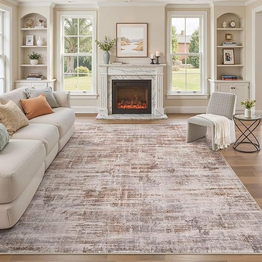 Area Rug for Living Room: 8x10 Washable Neutral Abstract Modern Soft Rugs Non Slip Indoor Floor Stain Resistant Large Carpet for Bedroom Dining Room Office Nursery - Red Brown