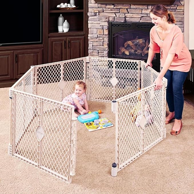 Toddleroo by North States Superyard 6 Panel Free Standing Play Yard, Indoor or Outdoor Baby Playpen, Baby Gate. Made in USA. 5.5 feet corner to corner play pen (26" Tall, Sand)