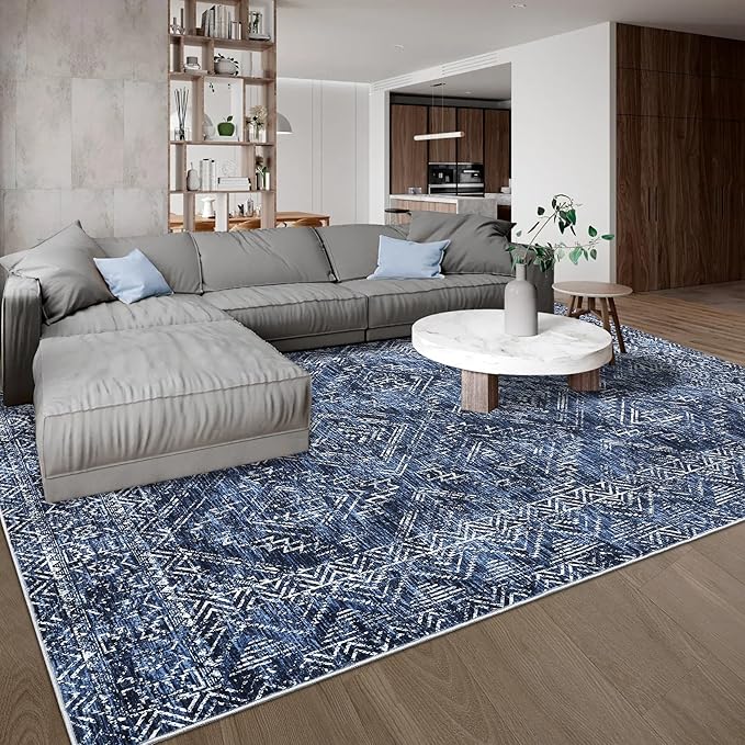 COZYLOOM 6x9 Washable Area Rug Vintage Non Slip Low Pile Rug Soft Throw Floor Cover Geometric Tribal Foldable Indoor Carpet for Living Room Bedroom Playroom Nursery, Blue