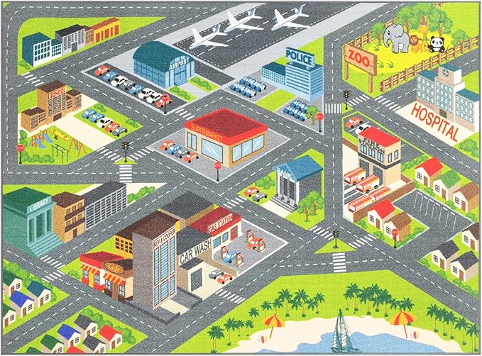 KC Cubs 8x10 City Streets Car Road Rug – Educational Non-Slip Play Mat for Kids, Toddlers, Nursery, Classroom, Playroom, Baby Daycare, Boy Girl Carpet