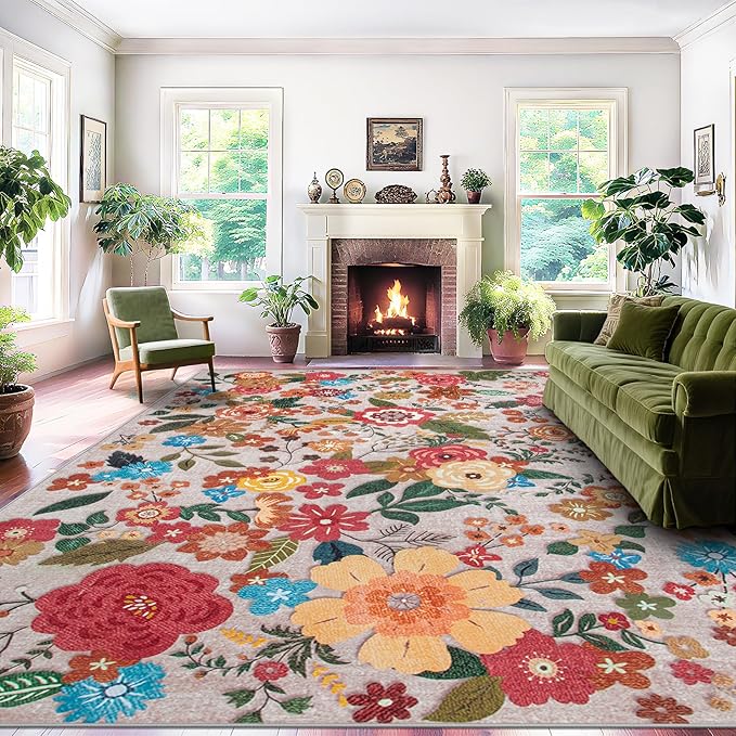 Area Rug Living Room Rugs: 6x9 Washable Rug Vintage Floral Soft Boho Non Slip Carpet Indoor Floor Non Shedding Low Pile Thin Carpets for Bedroom Dining Room Farmhouse Nursery Home Office Beige
