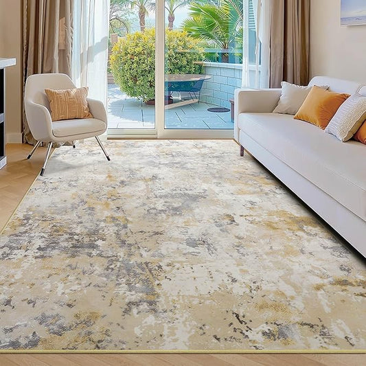 Kelarea 4x6 Rug for Living Room, Beige Washable Non-Slip Rugs, Low Pile Soft Modern Abstract Carpet for Bedroom, Kitchen, Dining Room, Classroom, Dorm, Nursery, Home Office
