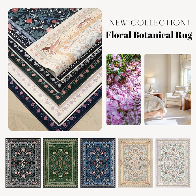 Area Rugs 8x10 for Living Room Clearance Washable Vintage Floral Botanical Rug Non Slip Low Pile Large Rug for Bedroom, Farmhouse, Dining Room, Kids Playroom, Beige