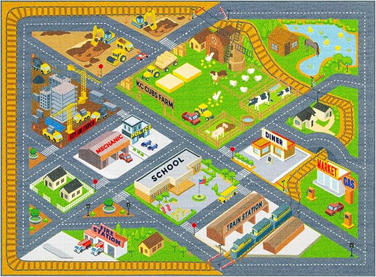 KC Cubs 8x10 Country Farm Construction Car Road Street Rug – Educational Carpet Play Mat for Kids, Toddlers Nursery, Classroom, Playroom, Baby Daycare