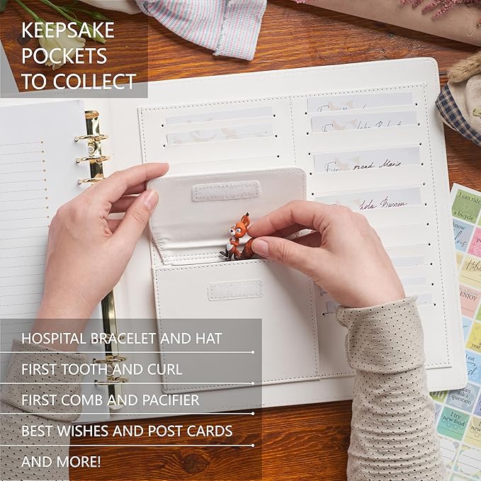 Keepsake Baby Memory Book Girl Boy – Timeless Leather-Bound Baby Milestone Book – Baby Book Keepsake Record First 5 Years – Gender Neutral Baby Scrapbook Album Baby Album Journal Registry Search Gift