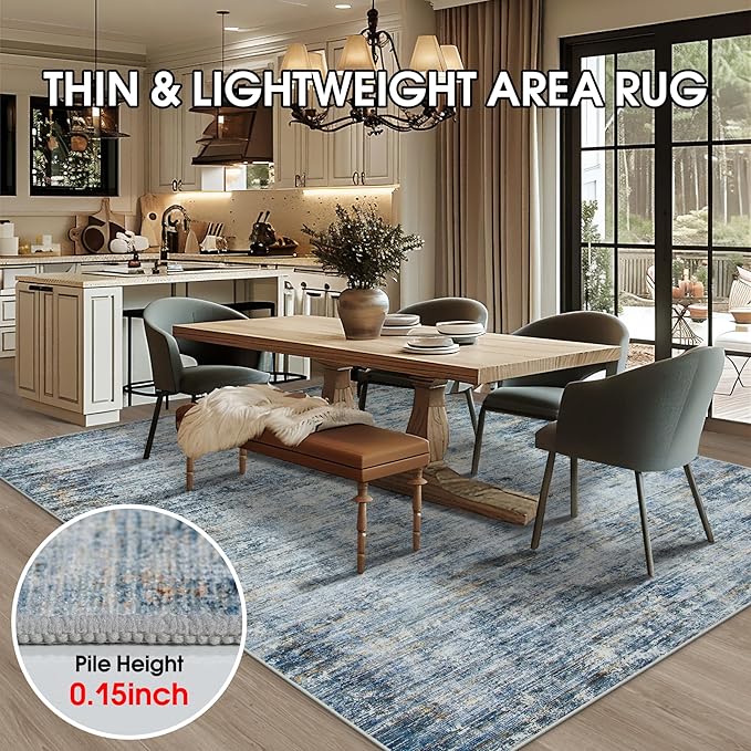 Area Rugs 8x10 Living Room Rugs: Large Modern Abstract Washable Rug with Non-Slip Backing, Thin Carpet for Dining Room Table Bedroom Nursery Indoor Home Office-Blue/Brown