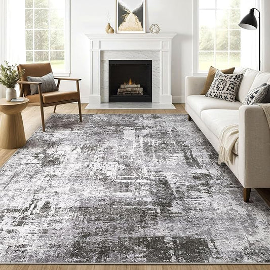 7x10 Area Rug Living Room: Washable Large Abstract Modern Soft Stain Resistant Indoor Floor Rugs Non Slip Accent Carpet for Bedroom Nursery Playroom Office Dining Room Dorm Home House- Black Grey
