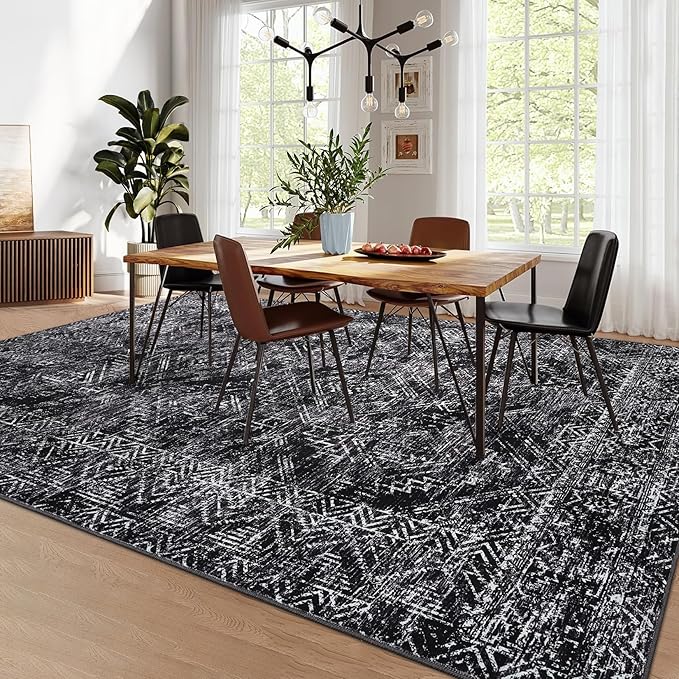 COZYLOOM Black Rug for Living Room 8x10 Washable Area Rugs Modern Abstract Floor Cover Non Slip Stain Resistant Geometric Mats Soft Throw Carpet for Nursery Bedroom Dining Room