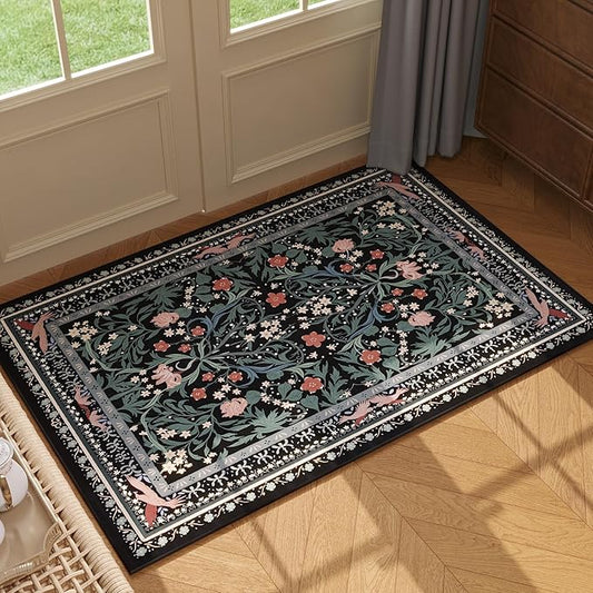 Door Mat Indoor Entrance 2x3 Rug Machine Washable Vintage Floral Botanical Small Area Rug Non-Slip Low Pile Throw Rugs for Entryway, Kitchen, Front Door Entrance, Entry, Kids Room, Black