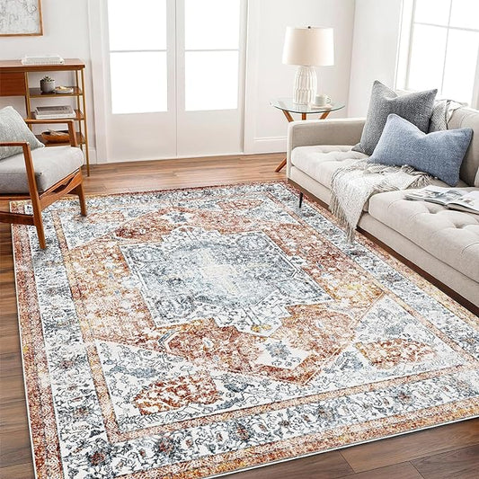 5x7 Washable Area Rug Vintage Traditional Floor Cover Foldable Thin Rug Retro Kitchen Accent Rug Indoor Distressed Non Slip Carpet Floral Print Mat Bedroom Living Room Bathroom