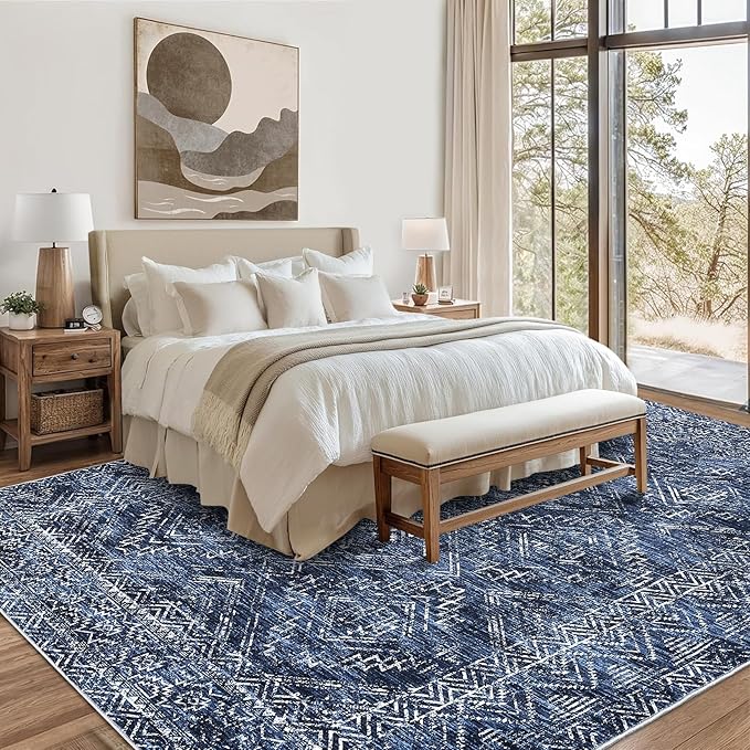 COZYLOOM Bedroom Rug 8x10 Under Bed Machine Washable Area Rugs Modern Abstract Floor Cover with Non Slip Backing Stain-Resistant Geometric Carpet for Nursery, Living Room, Blue