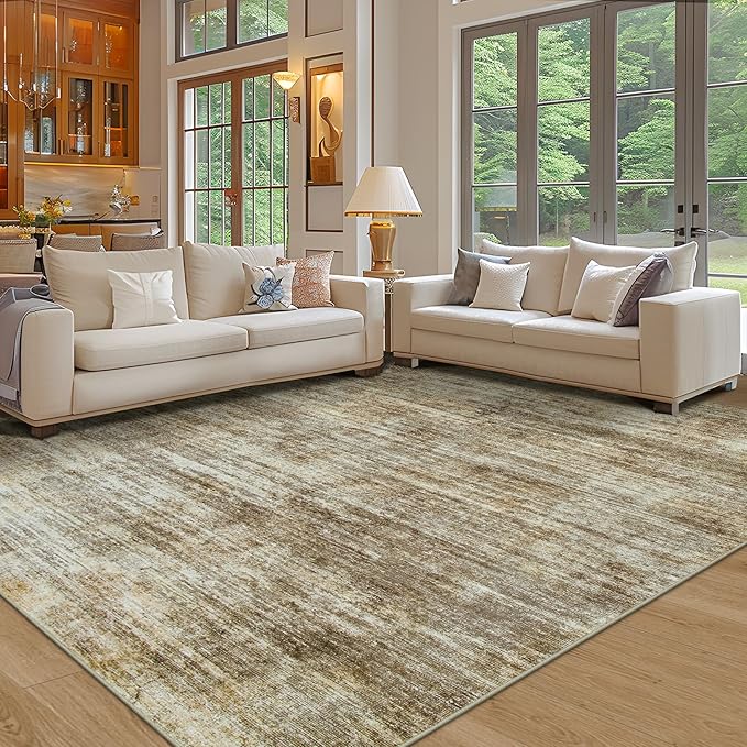Area Rug 9x12 Washable Rugs: Abstract Large Living Room Rugs with Non-Slip Backing, Thin Carpet for Dining Room Table Bedroom Nursery Indoor Home Office-Brown