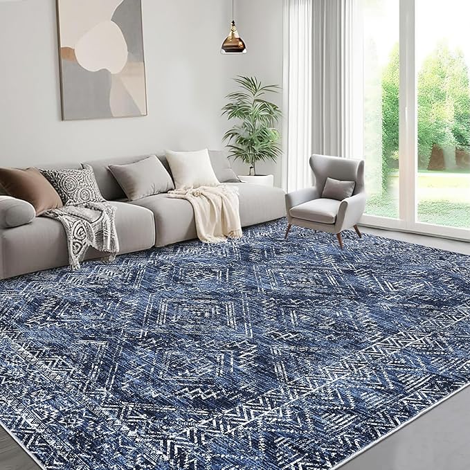 COZYLOOM Washable Area Rugs 10x13 Vintage Non Slip Low Pile Rug Soft Throw Floor Cover Geometric Tribal Foldable Indoor Carpet for Living Room Bedroom Playroom Nursery, Blue