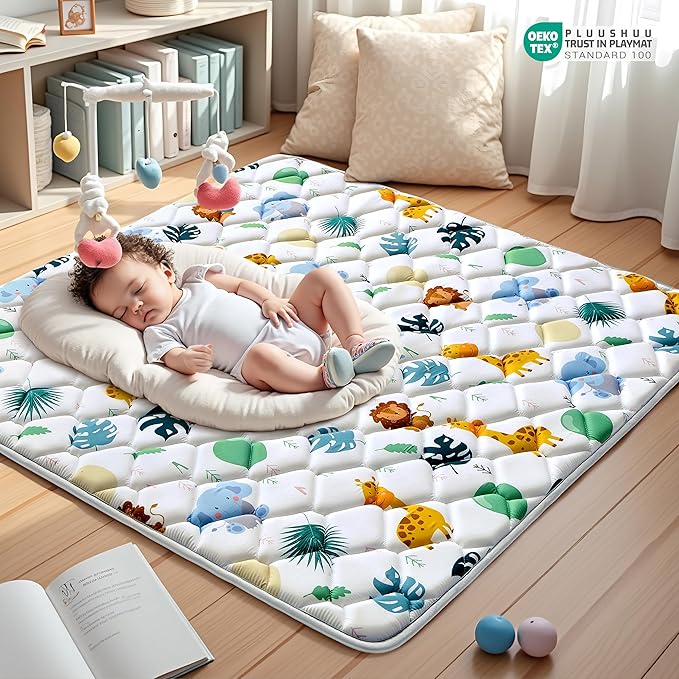 Baby Play Mats for Floor, 43x43 Playpen Mat for Babies, Extra Thicker & Soft Floor Crawling Mat, Foldable Non-Slip Playmat Cushioned for Infants Toddlers, Cute Animal Design
