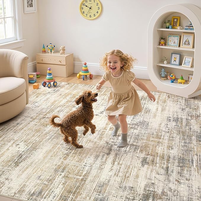 Area Rug for Living Room: 9x12 Washable Neutral Abstract Modern Soft Rugs Non Slip Indoor Floor Stain Resistant Large Carpet for Bedroom Dining Room Office Nursery - Golden Brown