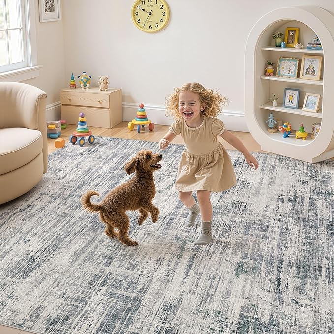 Area Rug for Living Room: 9x12 Washable Neutral Abstract Modern Soft Rugs Non Slip Indoor Floor Stain Resistant Large Carpet for Bedroom Dining Room Office Nursery - Gray