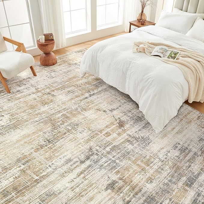 Area Rug for Living Room: 7x9 Washable Neutral Abstract Modern Soft Rugs Non Slip Indoor Floor Stain Resistant Large Carpet for Bedroom Dining Room Office Nursery - Golden Brown