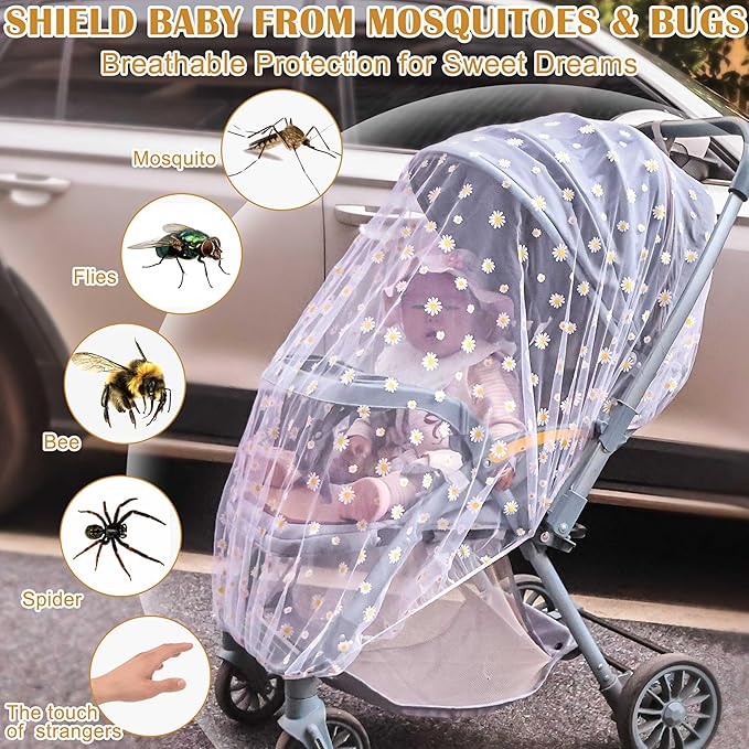Baby Stroller Mosquito Net (2 Pack) - Durable Mesh Protection for Bassinets, Cradles, Playards, Pack N Plays & Portable Mini Cribs | Breathable Universal Fit Insect Barrier (Black + Daisy)