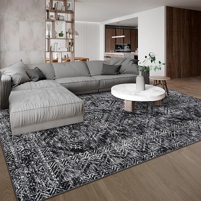 COZYLOOM 4x6 Washable Rug for Bedroom Vintage Non Slip Large Area Rug Geometric Soft Throw Rugs Low Pile Stain Resistant Carpet for Office Dining Room Living Room, Black