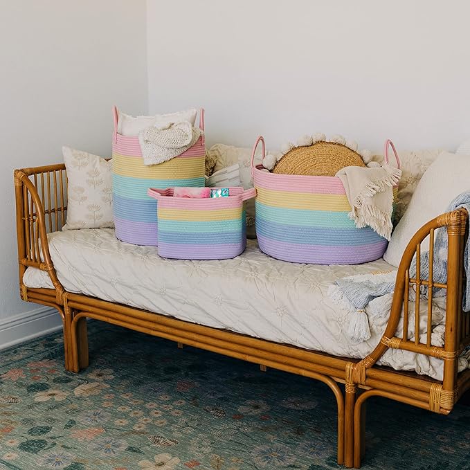 OrganiHaus Cotton Rope Basket for Rainbow Classroom Decor 15x18 | Toy Basket for Pastel Room Decor | Playroom Organization and Storage | Toy Bins & Book Basket | Tall Blanket Basket for Living Room