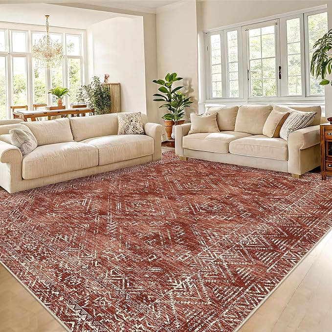 COZYLOOM Large Living Room Rugs 9x12 Machine Washable Area Rugs Modern Abstract Floor Cover Non Slip Stain Resistant Geometric Mats for Bedroom, Nursery, Office, Brick Red