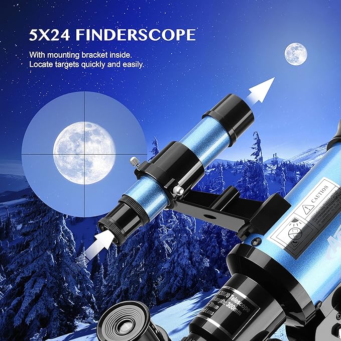 AOMEKIE Telescopes,70mm Aperture 300mm Table Tripod, Astronomical for Beginners,2 Eyepieces 150X with Smartphone Adapter Moon Filter 3X Barlow