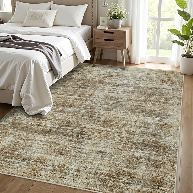 Washable Rug 6x9 Area Rugs, Abstract Large Living Room Rugs with Non-Slip Backing, Thin Carpet for Dorm Dining Room Table Nursery Indoor Home Office-Brown