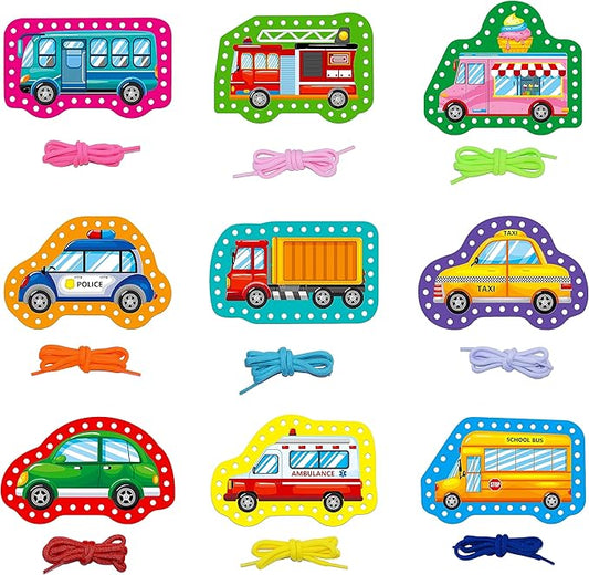 9 Pieces Kids Lacing Cards, Double Sided Sewing Cards in 9 Vehicle Cards with 9 Colorful Laces, Imagination Development Lacing Toys Games for Children Educational and Learning Activity