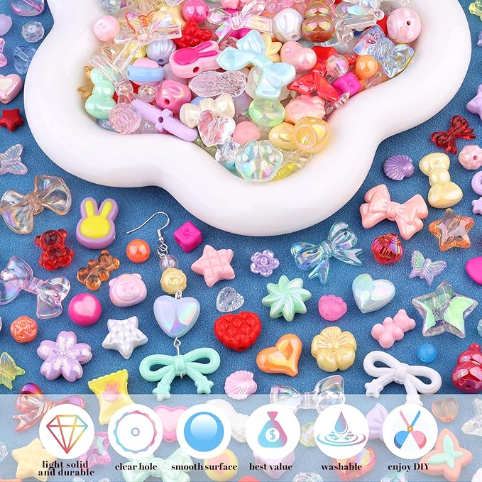 Assorted 170-230PCS Mixed Colors Acrylic Beads for Bracelet Making, Flower Bow Butterfly GummyBear Aesthetic Bracelet Charms,Cute Beads for Jewelry Making DIY Necklace Keychain Phone Charm